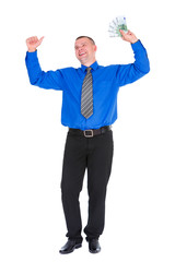 Full length portrait of happy, smile, successful, lucky businessman in shirt and tie holding money euros banknotes with hands up. Isolated white background. Positive emotion