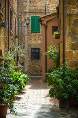 Beautiful streets of the medieval Tuscan village in Italy, Pienz