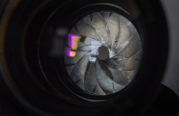 Diaphragm aperture with purple yellow flare and reflection