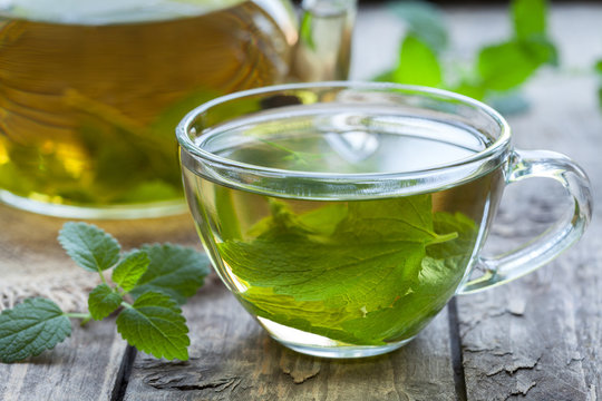 Fresh natural green melissa herbal tea in glass cup. Organic