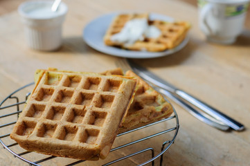 Zuccini hash brown waffles with sour cream