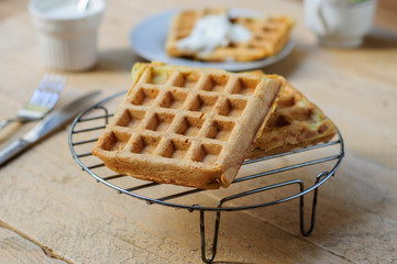 Zuccini hash brown waffles with sour cream