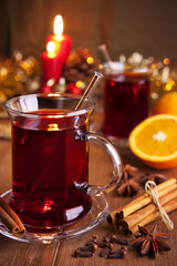 Mulled wine or glühwein on a rustic table
