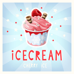 Colorful brochure with cherry ice cream and waffles. Vector template.