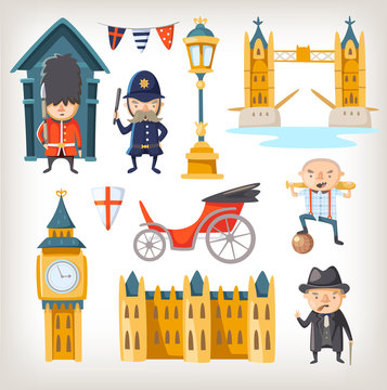 Famous sights, retro elements of city architecture, lifestyle and people of new and old London