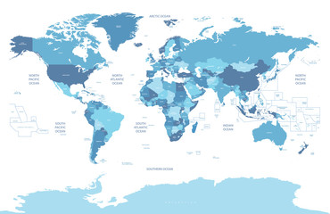 Political world map in the tints of blue color palette