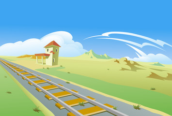 The railway-line into desert. Vector illustration of a railway and a little roadside station in the deserted  landscape, with a blue sky and the cumulus clouds in the background. 