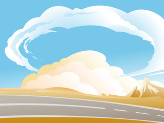 An asphalt road in the deserted  landscape, with a blue sky and the great cumulus clouds in the background. Empty space leaves room for design elements or text.