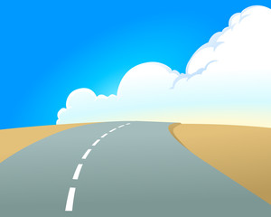 An asphalt road, aiming for a horizon, with a blue sky and the great cumulus clouds in the background. Empty space leaves room for design elements or text.