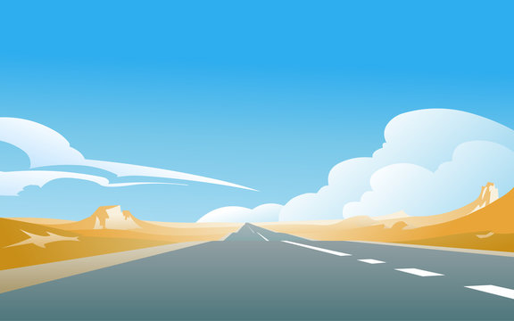 Highway. Road, aiming for a horizon in the deserted  landscape, with a blue sky and some clouds in the background. Empty space leaves room for design elements or text.