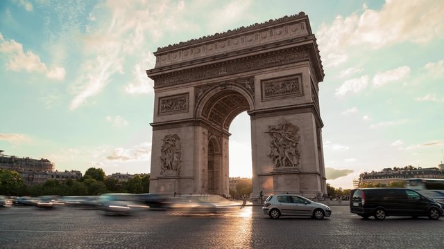 Arch Of Triumph, Evening, Paris - Time Lapse: A Time Lapse of The Arch of Triumph (Arc de Triomphe) in the evening, with cars and buses passing by in motion blur. 0h15 Timelapse.
