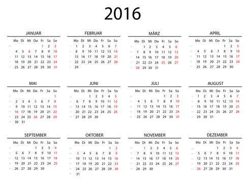 2016 Kalender ohne Feiertage mit Linien
