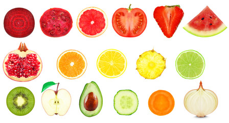 vegetables and fruit slices isolated on white background