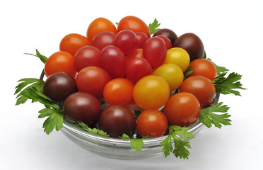 Colorful cherry tomatoes isolated on white background  . Grape tomato. Plum tomato.