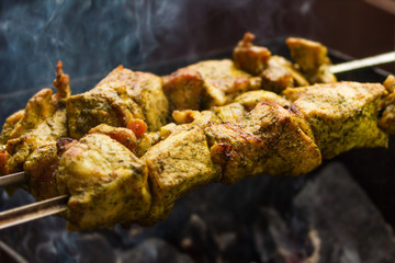 Fresh pork bbk meat cooking  outdoors