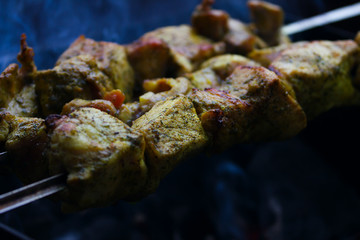 Fresh pork bbk meat cooking  outdoors