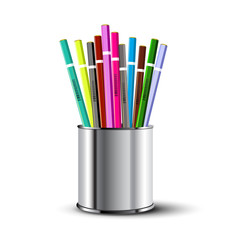 Set of colored pencils in a metal pencil case.Vector