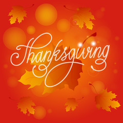 Happy Thanksgiving Day. Vector Illustration with Hand Lettered Text  with leaves and red background.