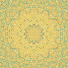 Ornamental yellow-turquoise round ethnic background in square