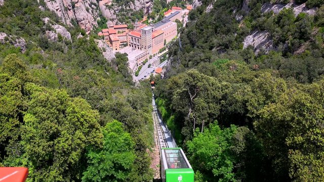 The funicular railway descends to the Montserrat Catholic Monastery in Spain.