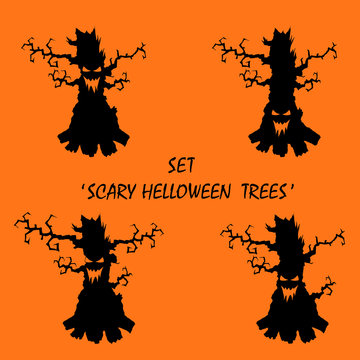 Set vector scary Halloween trees isolated on orange background