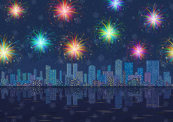 Seamless Night City Landscape with Fireworks