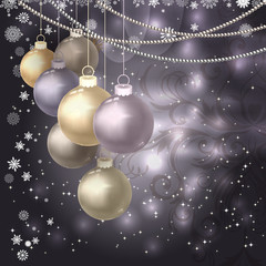 Fototapeta na wymiar Christmas balls, beads, snowflakes on a dark magic background. 