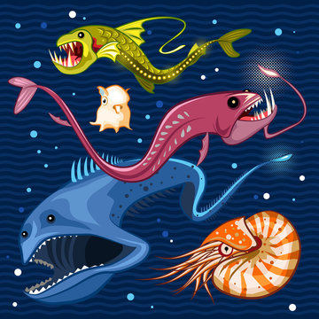 Fish Of The Deep Blue Sea Collection Set 02

Illustration of monsters of the deep blue sea collection set 02
. Contains viperfish, dragonfish, gulpereel, nautilus & dumbo squid