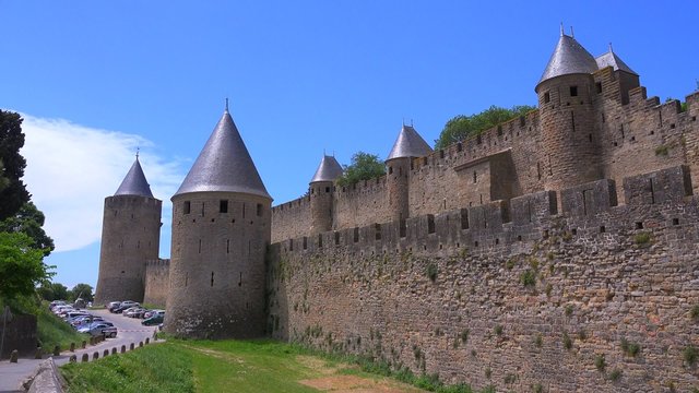 Ramparts around the beautiful castle fort at Carcassonne France.