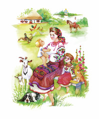 Woman in folk costume with child. Ethnic illustration. Beautiful