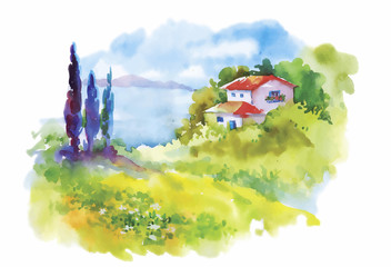 Watercolor rural village in green summer day illustration
