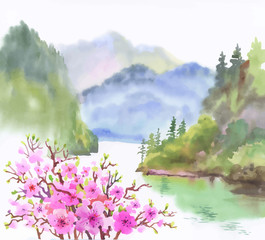 Naklejka premium Watercolor landscape of river with flowers