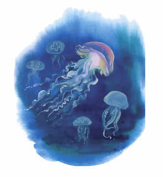 watercolor jellyfish swimming in deep blue clip art preview