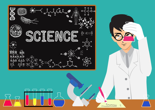Scientist doing research in the laboratory with chalkboard background.