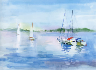 Watercolor Boat on river water vector illustration