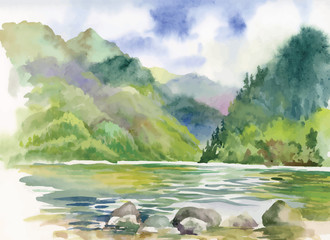 Watercolor summer river landscape
