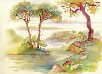 Summer Landscape with goats watercolor illustration