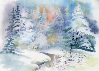 Watercolor winter landscape illustration vector