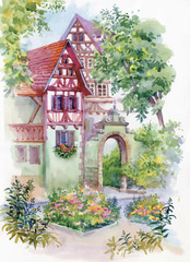 Watercolor painting of house in woods illustration