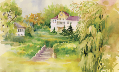 Watercolor painting of house in woods illustration