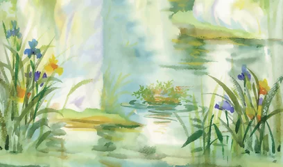 Tuinposter Zomer vijver aquarel illustratie vector © kostanproff