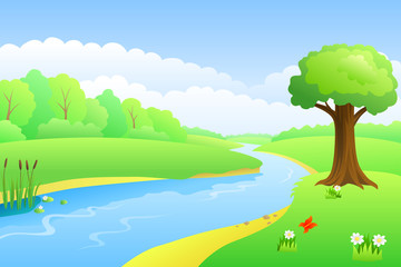River summer landscape day illustration vector