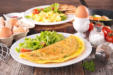 omelet,scrambled egg and boiled egg