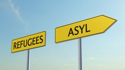 Refugees / Asyl Signpost on  sky background
