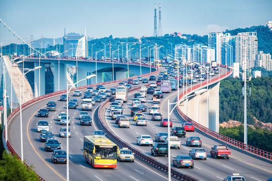 Heavy Traffic In Bridge Closeup