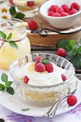 Raspberry trifle with mascarpone cream and lemon curd.Selective focus. 