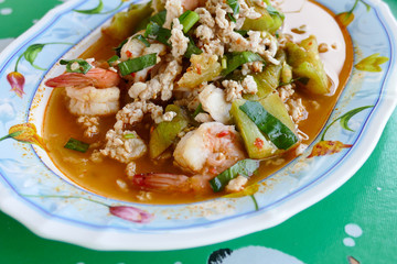 spicy salad mixing of grilled eggplant, minced pork
