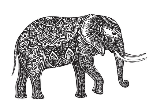Stylized fantasy patterned elephant. Hand drawn vector illustrat