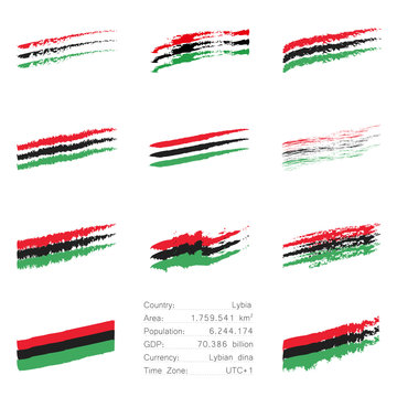 Libyan flag colored hand drawn lines set with different looks like brush, chalk, ink, paint and main informations about the country.