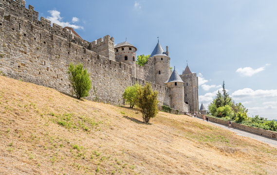 Carcassonne, France. View of the fortress of the Upper Town from the Lower Town. Fortress is included in the UNESCO World Heritage List